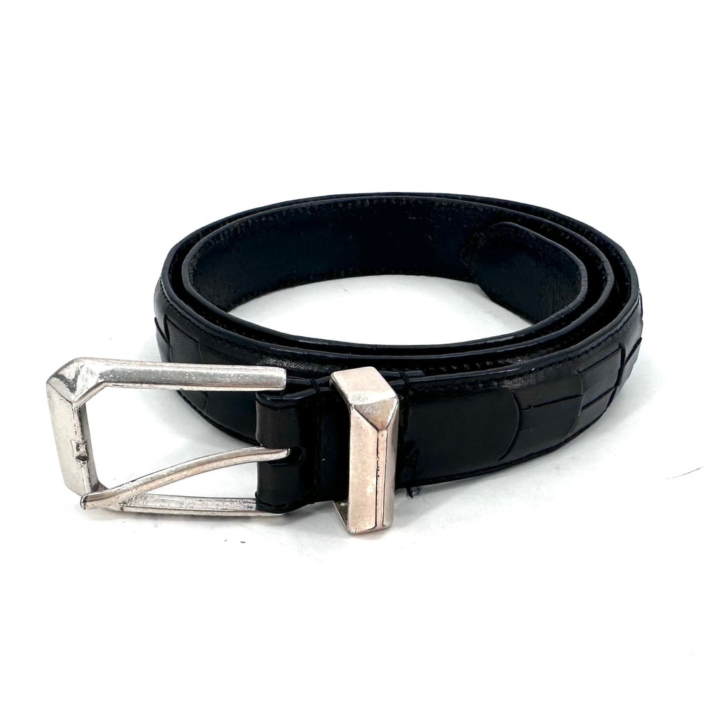 Greg Norman Men's Black Woven Leather Belt Size 38 Silver Logo Buckle